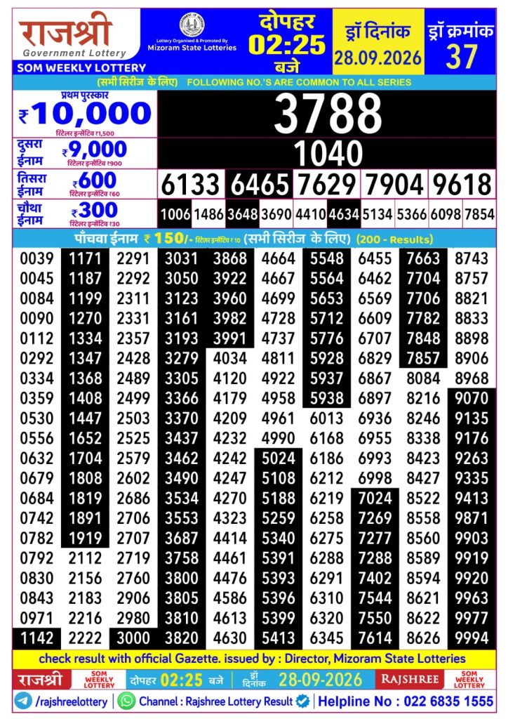 Rajshree Som Weekly Lottery 2.25pm Result 28 September 2026